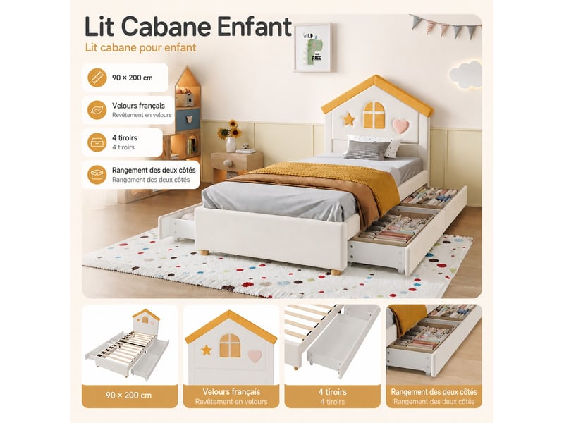  Lit enfant rembourré 90 x 200 cm, 4 tiroirs de rangement, lit d'appoint pour chambre, velours, beige  - Conforama D