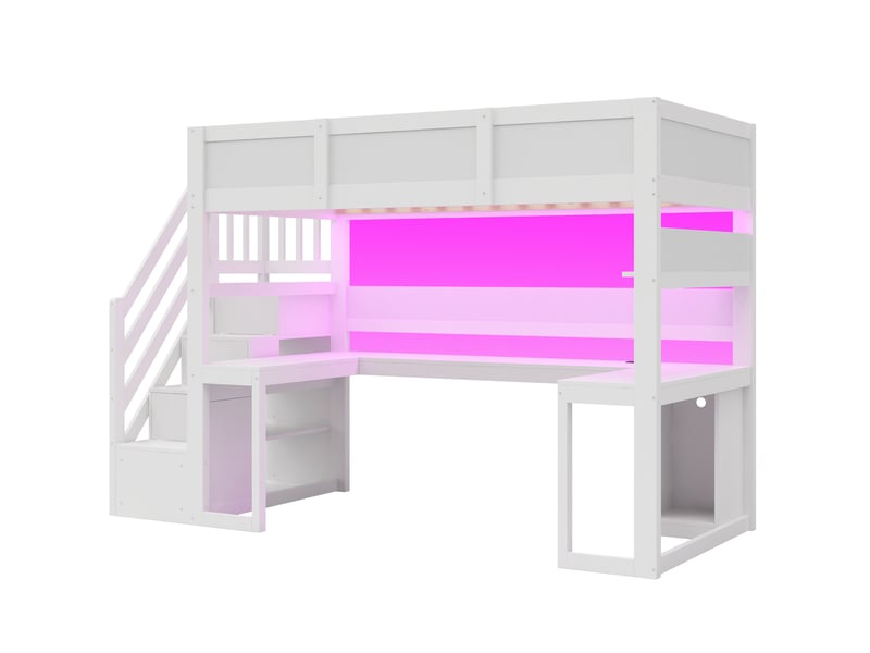  Lit mezzanine enfant 90x200 cm – blanc – bureau gaming, led 7 couleurs, usb et rangements – sans matelas  - Conforama D