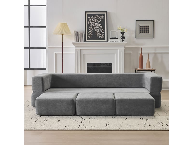  Canapé modulable convertible gris en tissu, 201 x 75,5 x 50 cm, déhoussable, 3 poufs, lit d’appoint pour studio et bureau W3498P444942 - Conforama B
