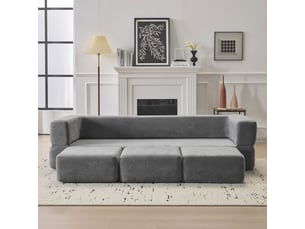 Canapé modulable convertible gris en tissu, 201 x 75,5 x 50 cm, déhoussable, 3 poufs, lit d’appoint pour studio et bureau