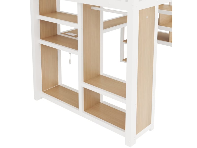  Lit mezzanine métal 140x200 cm avec éclairage led usb bureau armoire ouverte escalier rangements blanc  - Conforama E