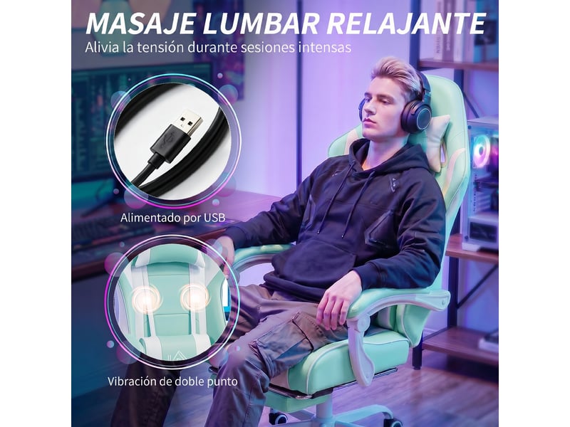  Fauteuil de jeu avec massage lombaire, vibration, inclinaison jusqu'à 155°, appui-tête réglable et repose-pieds rétractable, bleu  - Conforama E