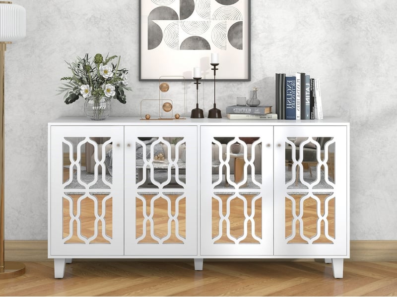 Buffet, armoire de cuisine, meuble de rangement avec poignées en cristal, 4 portes et stratifié amovible, 160 x 40 x 84 cm, blanc - Conforama B