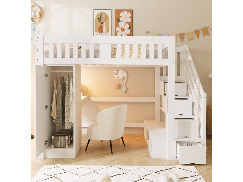 Lit mezzanine 140x200 cm avec bureau, rangements et led multicolores, blanc - Conforama E