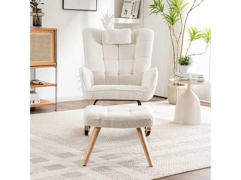  Fauteuil à bascule ergonomique, fauteuil blanc avec 1 appui-tête et 1 repose-pieds, base stable en caoutchouc  - Conforama B