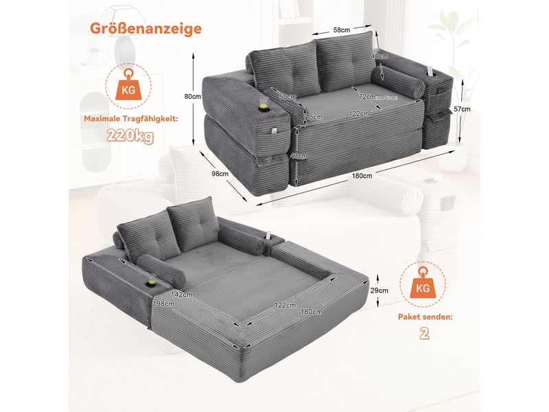  Canapé convertible 2 places en velours côtelé gris foncé avec tiroir de rangement intégré sous l'assise  - Conforama C