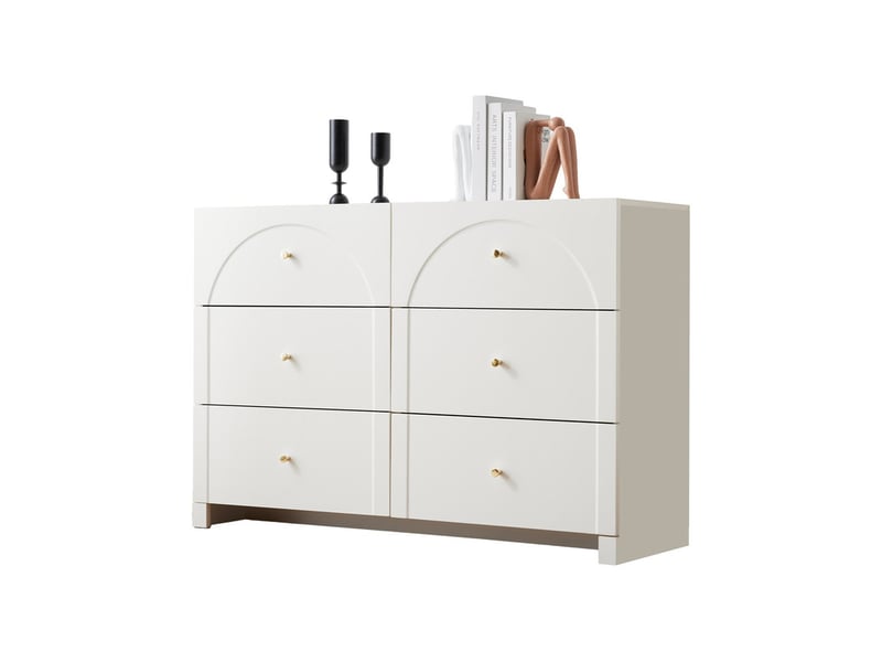 Commode avec 6 tiroirs, avec motif texturé en arches et piètement surélevé, pour séjour et chambre, l120 x h82 x p40 cm, coloris blanc  - Conforama A