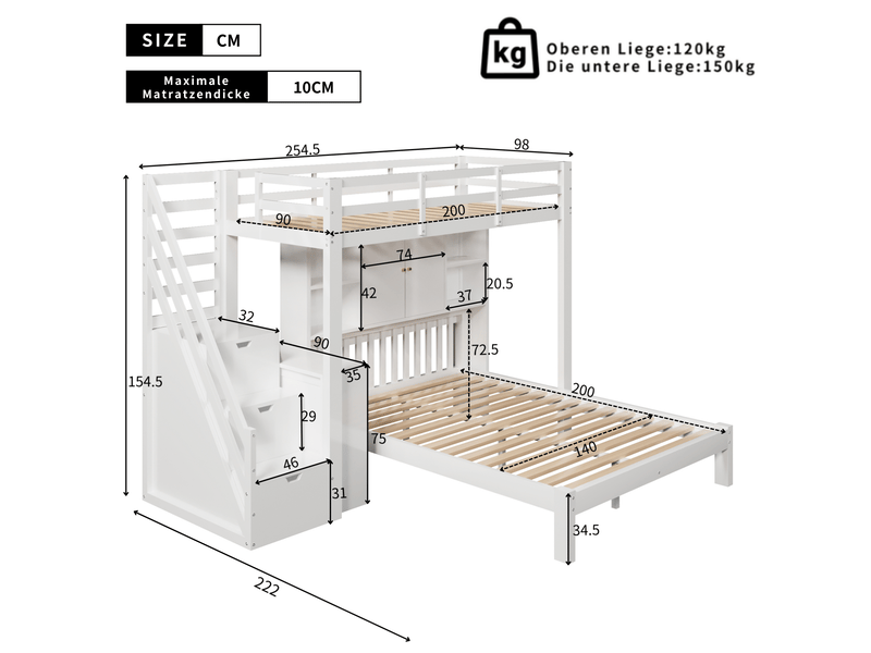  Lit superposé enfant blanc 90 x 200 cm et 140 x 200 cm avec rangements  - Conforama E