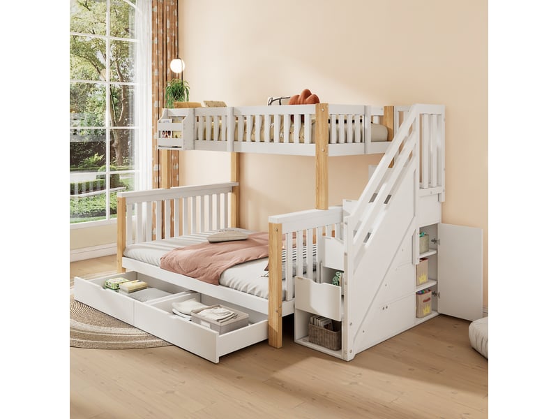 Lit enfant 140x200 cm, lit enfant multifonctionnel avec panier de rangement, tiroir, armoire escalier, armoire de rangement, sans matelas, blanc et naturel - Conforama D