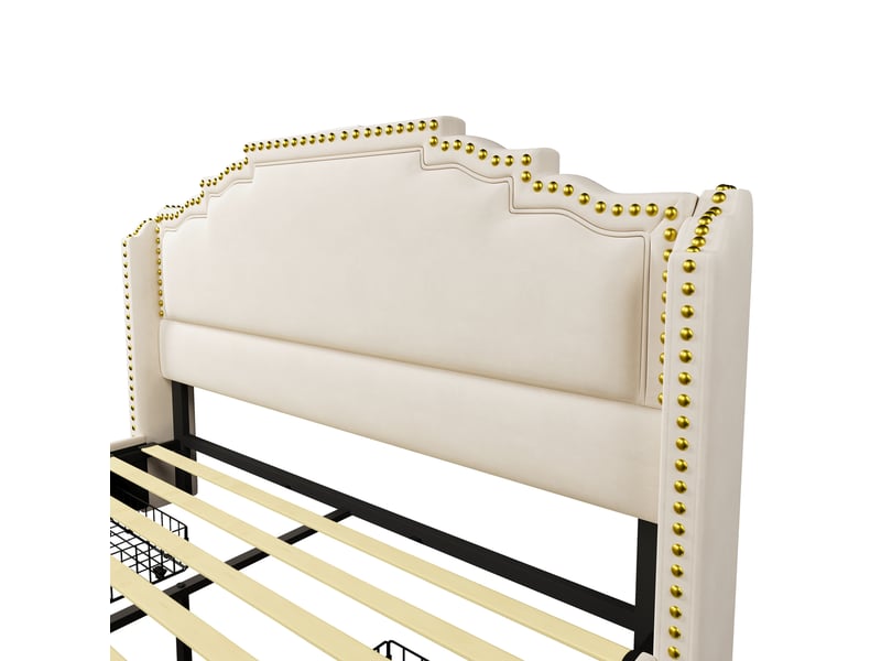  Lit double 160x200 cm beige en velours, 4 tiroirs de rangement, led et usb-c, avec matelas  - Conforama E
