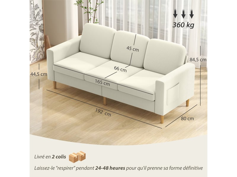  Canapé 3 places en velours côtelé, canapé avec coussins à ressorts et assise rembourré, beige, 192x80x84,5cm  - Conforama C