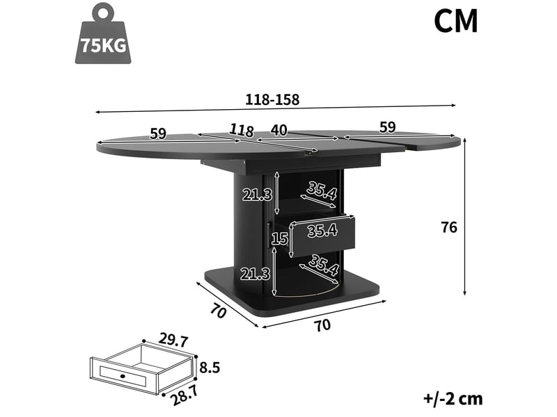  Table extensible 118-158 cm table de salle à manger jusqu'à 6 places ronde extensible en ovale à tiroirs intégrés finition noire  - Conforama C