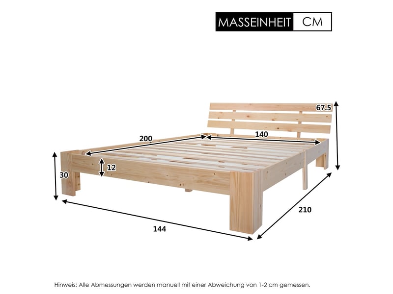  Lit double en bois massif 140x200 cm avec tête de lit, sommier à lattes robuste, cadre de lit en pin, naturelle  - Conforama C
