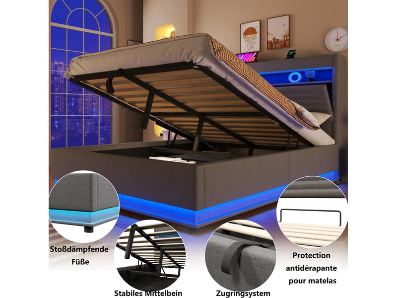  Lit coffre 2 places 140x200 cm avec led, usb et type-c coloris gris  - Conforama E