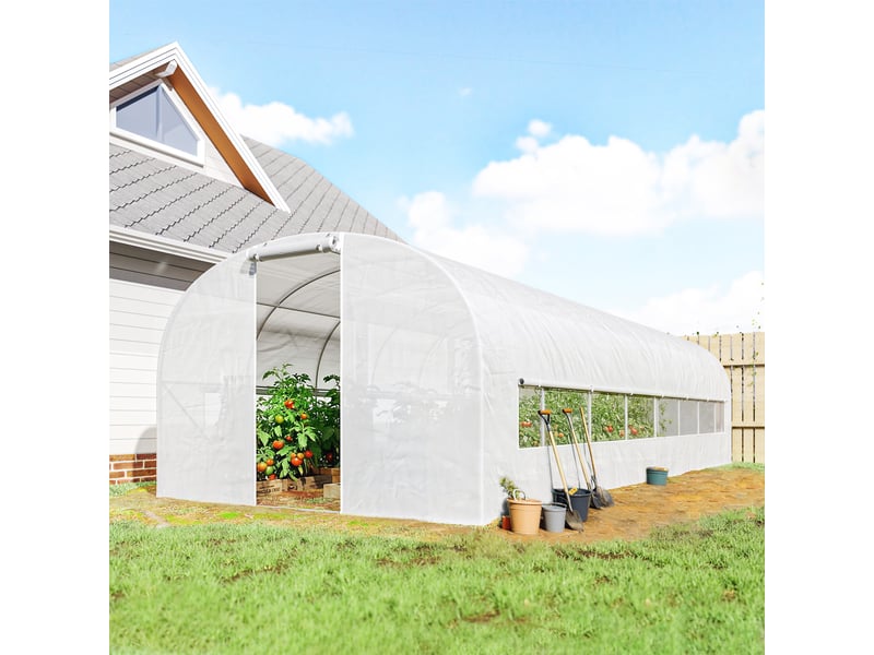  Serre tunnel de jardin 24m², serre de jardin tunnel avec cadre en acier galvanisé, portes et 2 grandes fenêtres, blanc  - Conforama C