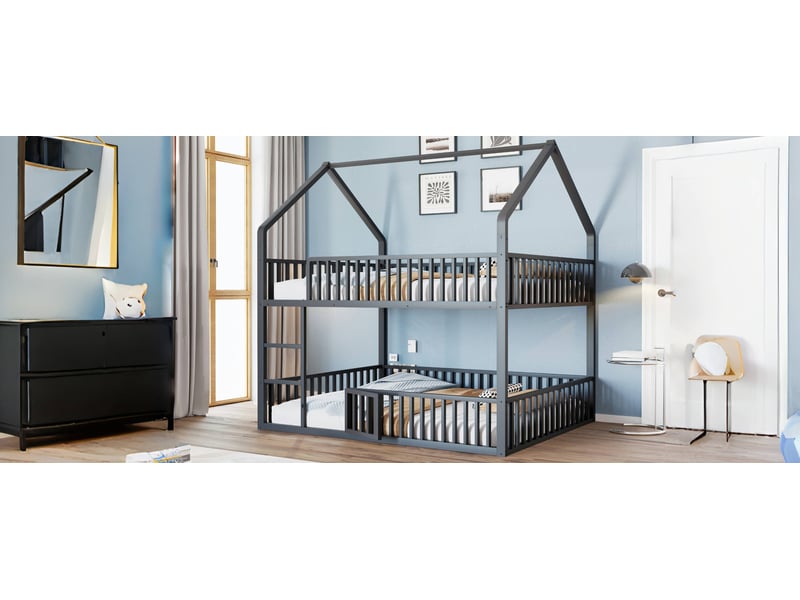  Lit superposé enfant design maison 140x200 cm noir métal avec échelle et portes ouvrantes Sol Morn - Conforama E