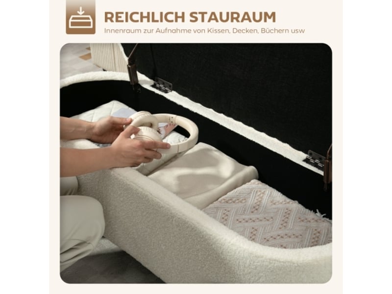  Pouf coffre crème avec couvercle, rangement, pieds en acier et revêtement en tissu polaire  - Conforama D