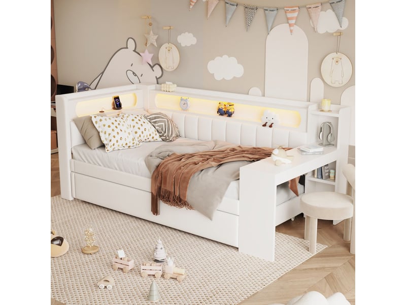  Lit gigogne 90 x 200 cm canapé-lit rembourré ports usb éclairage led bureau intégré blanc  - Conforama C