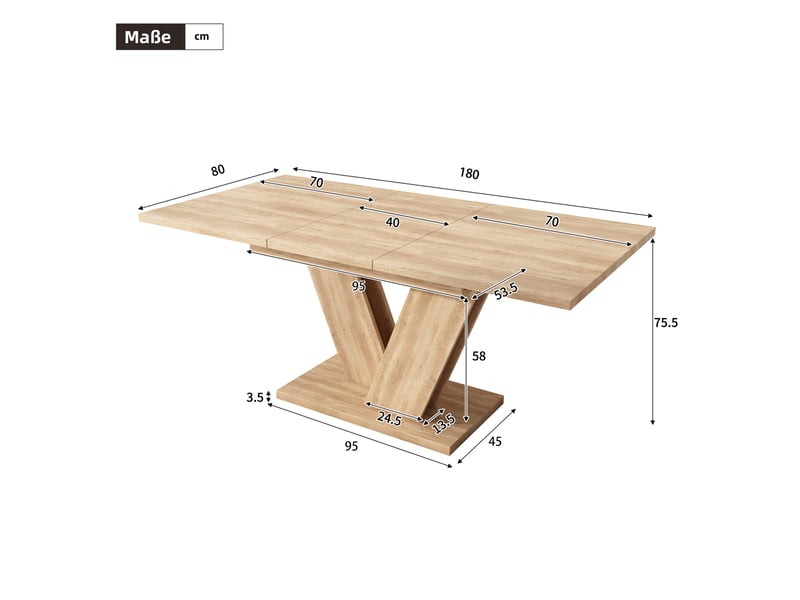  Table de salle à manger extensible rectangulaire pour 4 à 8 personnes avec plateau en mdf et piétement en v, chêne  - Conforama E