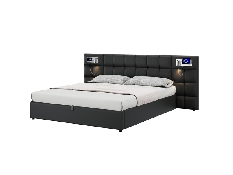  Lit coffre tcqpz 180 x 200 cm avec usb, recharge sans fil, lampe intégrée, rangement, pu noir  - Conforama A