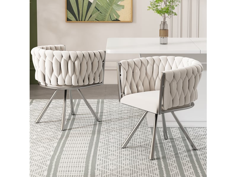  Chaise de salle à manger pivotante à 360 degrés, lot de 6 avec dossier incurvé en velours beige et métal argenté  - Conforama D