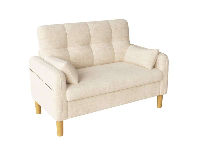 Canapé 2 places moderne avec gros coussins doux, 2 oreillers et poche latérale pour rangement, idéal pour le salon, la chambre ou les petits appartements, tissu chenille, beige - Conforama A