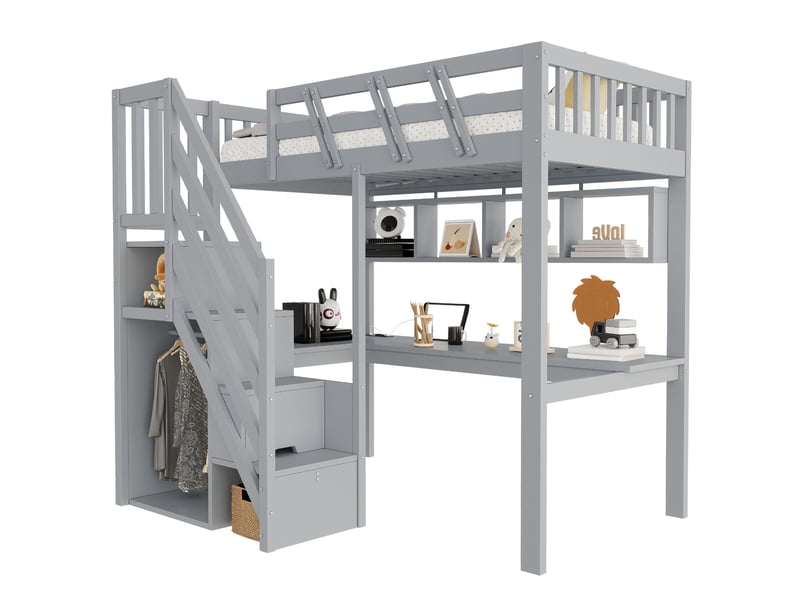  Lit mezzanine enfant 90x200 cm – gris – bureau, rangements intégrés, led et prises usb - sans matelas  - Conforama A