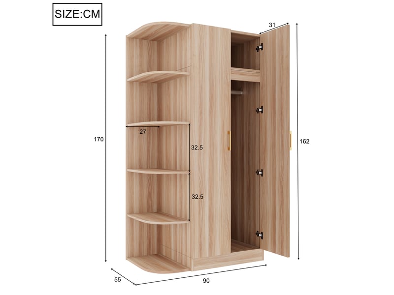  Armoire chambre penderie 2 portes 90x55x170 cm - grand rangement avec étagères et tiroirs - bois naturel  - Conforama C