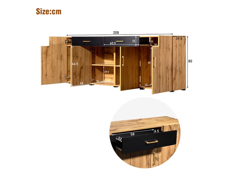 Buffet 208x39,5x80 cm en panneau de particules blanc marbré et chêne avec 4 portes et 2 tiroirs 4071258002715 - Conforama C