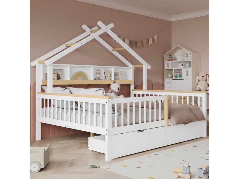 Lit cabane 140x200cm avec étagère 2m et 2 tiroirs | toit maisonnette et barrières pin massif fsc - blanc et naturel  - Conforama C