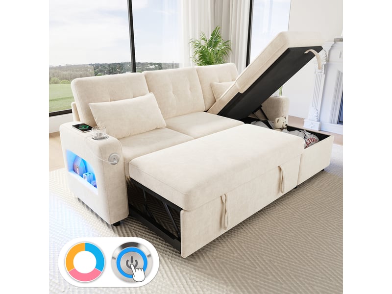  Canapé d'angle réversible convertible avec coffre, led, ports usb et usb-c, porte-gobelets, en chenille beige  - Conforama B