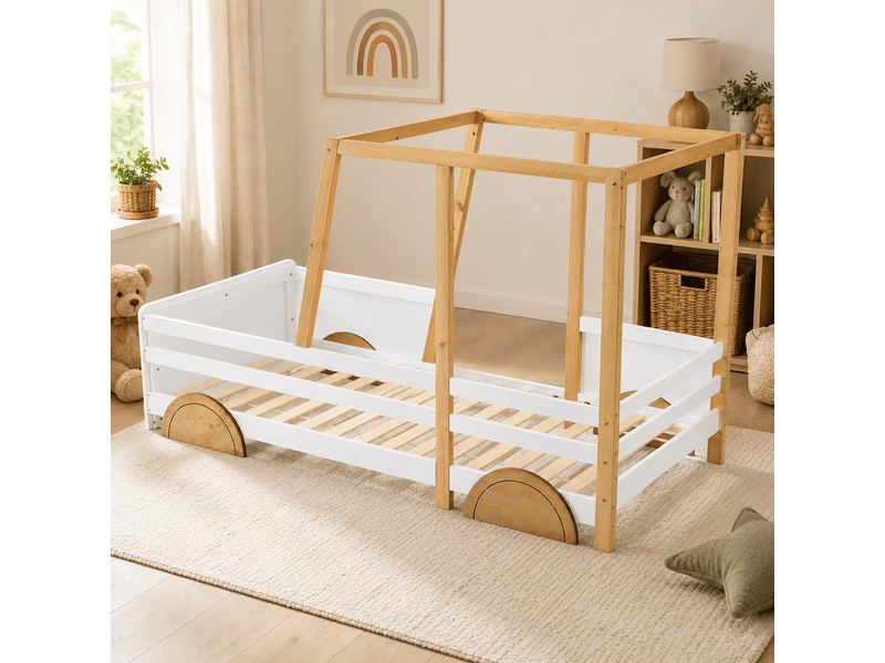  Lit enfant voiture 90x200 cm en pin et mdf blanc, naturel et marron  - Conforama D