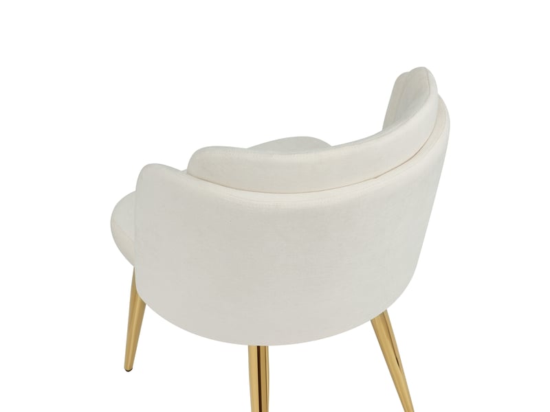 Lot de 6 chaises de salle à manger rembourrées blanches, dossier enveloppant incurvé, pieds métal doré, patins réglables, charge 125 kg - Conforama D