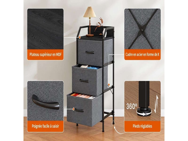  Table de chevet 40x30x78 cm trois tiroirs tissu gris fonce et metal noir  - Conforama C