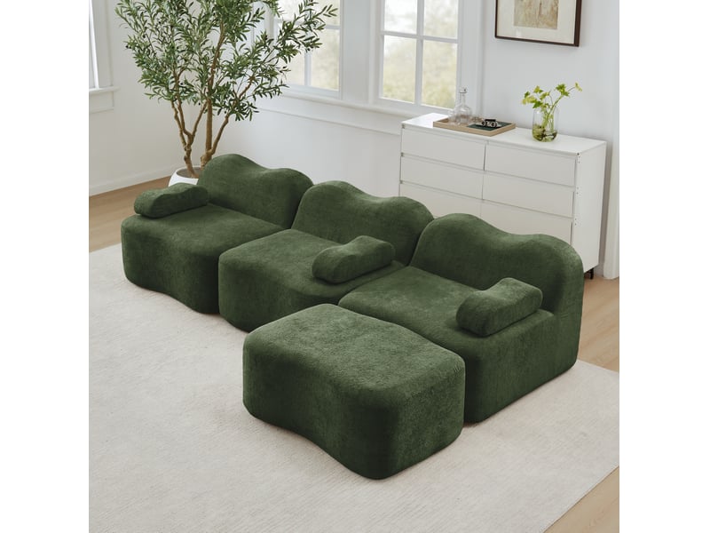 Canapé d’angle modulable 3 places en velours vert avec 1 pouf - Conforama B