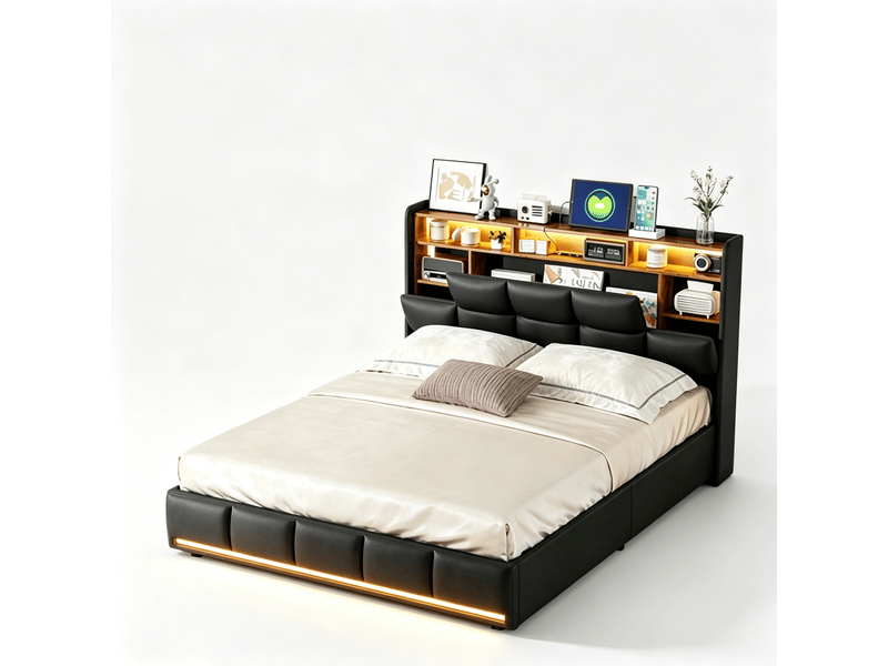  Lit coffre 140x190 cm noir en pu avec tête de lit usb et led réglable - rangement hydraulique, sommier à lattes, lit adulte 2 places, 250 kg  - Conforama A