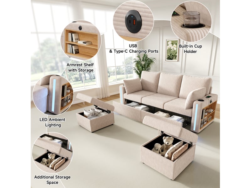 Canapé modulable 190x130x85 cm avec 2 poufs de rangement, led, beige - Conforama E