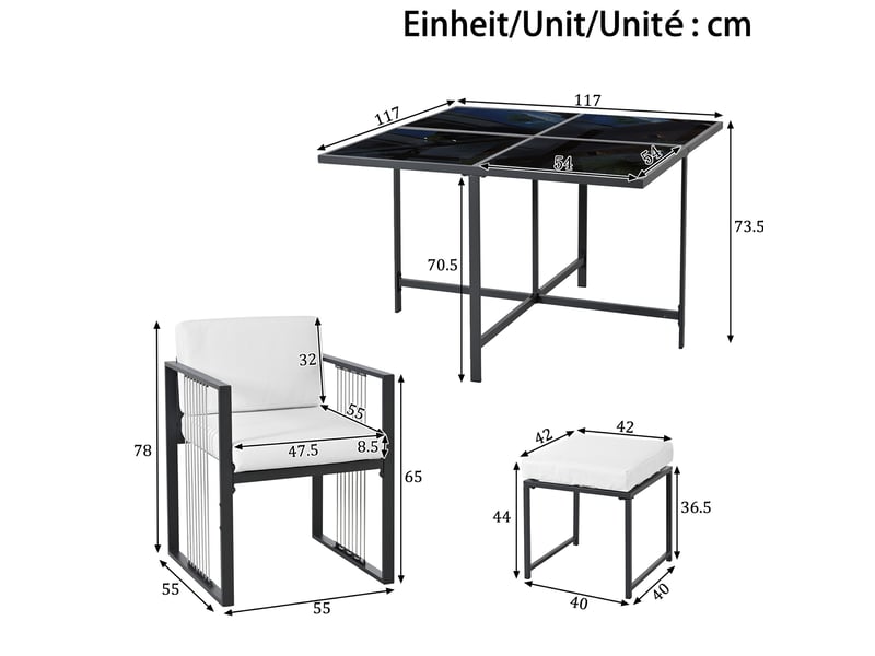  Salon de jardin 7 pièces avec table en verre trempé 117 x 117 cm, 4 fauteuils et 2 repose-pieds  - Conforama C