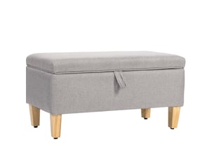 Banc coffre 71x37x36 cm, rangement intégré, bois et tissu aspect lin, pieds en bois, pour chambre et salon, gris clair