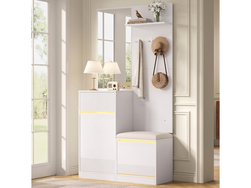  Vestiaire d'entrée blanc avec miroir et banc à chaussures, meuble de couloir led connecté, rangement, 105x38x190 cm  - Conforama D