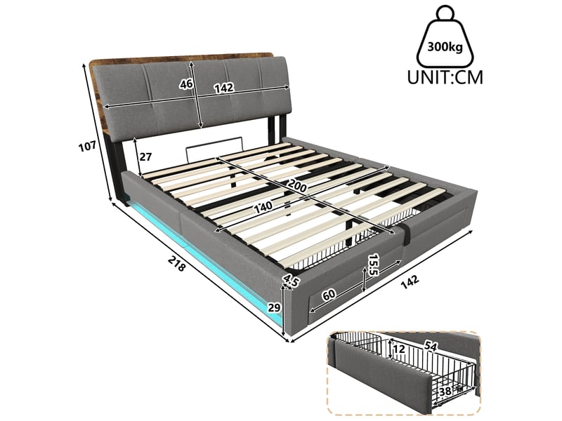  Lit coffre 140x200 cm avec led et tiroirs, usb et type-c coloris gris  - Conforama C