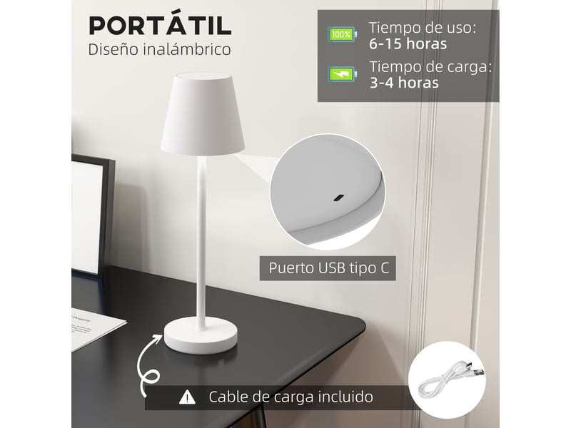  Lampe de chevet avec éclairage led, lampe de table rechargeable sans fil usb-c, 3 couleurs, ø 11,2 x 36,5 cm, blanche  - Conforama D