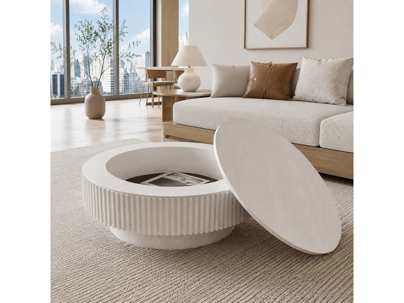  Table basse ronde 75x75x35 cm rangement mdf bois blanc rétro  - Conforama B