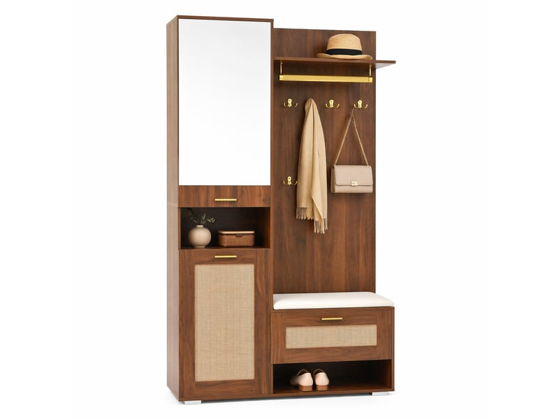  Meuble d'entrée avec miroir, 3 portes, niches led, banc à coussin et 6 patères pour couloir, 110 × 38 × 190 cm  - Conforama A