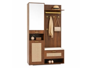 Meuble d'entrée avec miroir, 3 portes, niches led, banc à coussin et 6 patères pour couloir, 110 × 38 × 190 cm