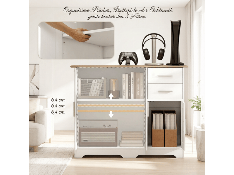 Meuble console 100x40x78 cm avec 2 tiroirs,2 placards,étagère réglable,mdf et panneaux de particules,blanc et bois naturel,entrée - Conforama C