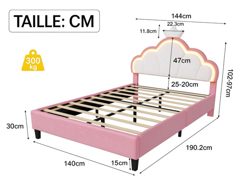 Lit enfant 140x190 cm ezssw, coloris rose - Conforama C