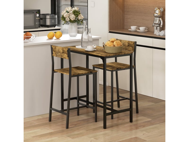  Ensemble bar 3 pièces, table haute, 2 chaises, mdf, structure en métal, imperméable, marron  - Conforama D