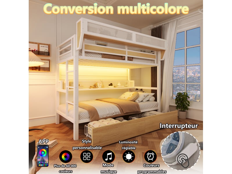  Lit superposé enfant 90x200 cm – blanc – métal et mdf, led, 2 tiroirs, rangements intégrés sans matelas  - Conforama E