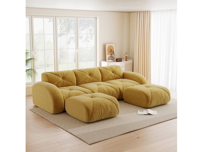  Canapé modulable 3 places en u avec 2 poufs en chenille jaune  - Conforama D